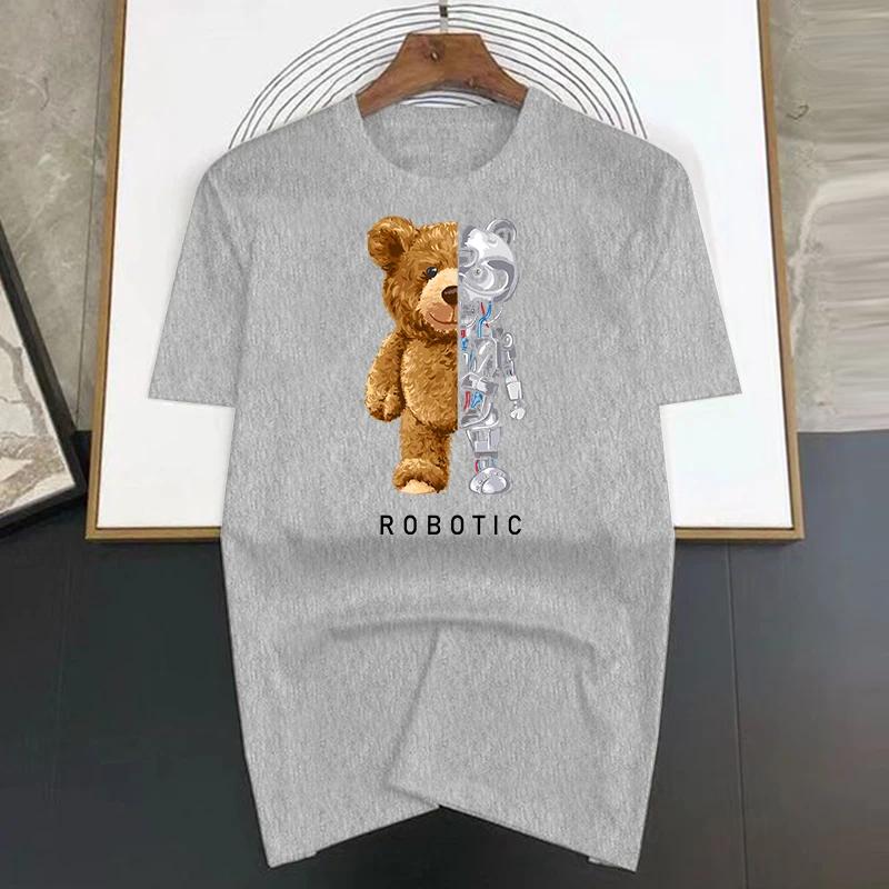 summer harajuku Robot Bear print funny t shirt Men graphic t-shirt short sleeve casual white tops tee women fashion clothing
