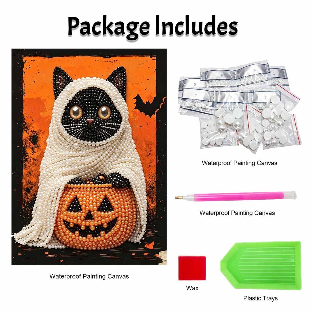 Halloween Black Cat Pumpkin Pearl Painting Art Full Pearl Handmade Diy Home Decorations