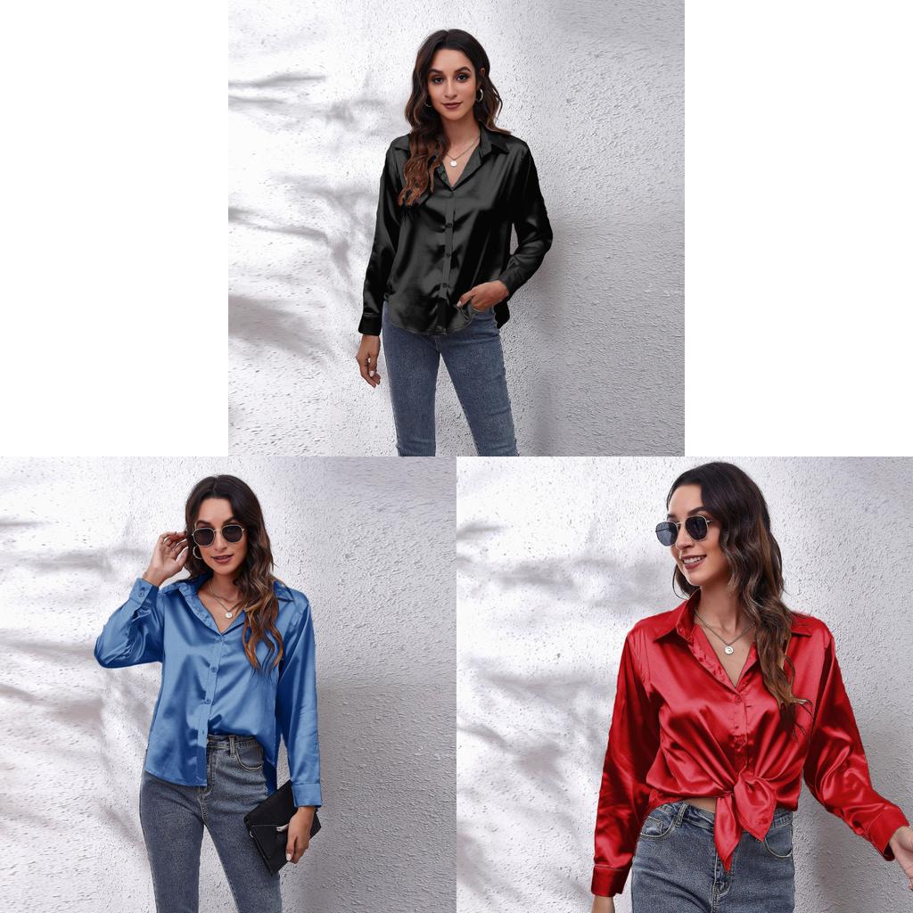 Satijnen Blouse Voor Dames Met Lange Mouwen En Knoopsluiting Voor Kantoor