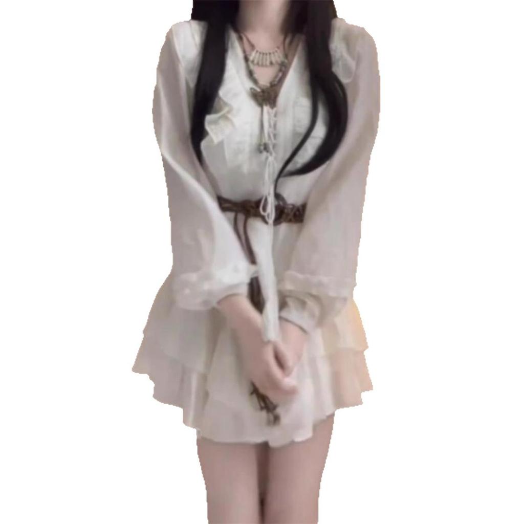 White ruffle edge long-sleeved V-neck shirt dress women's early autumn new sweet design waist and thin short skirt