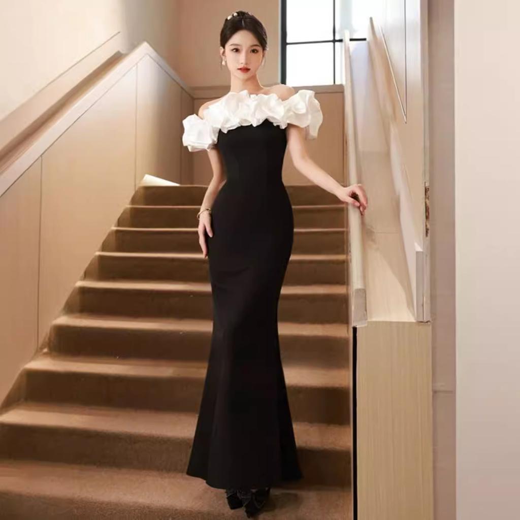 Premium French Black One-word Shoulder Temperament Socialite Banquet Dress Host Dress Slim Fishtail Dress