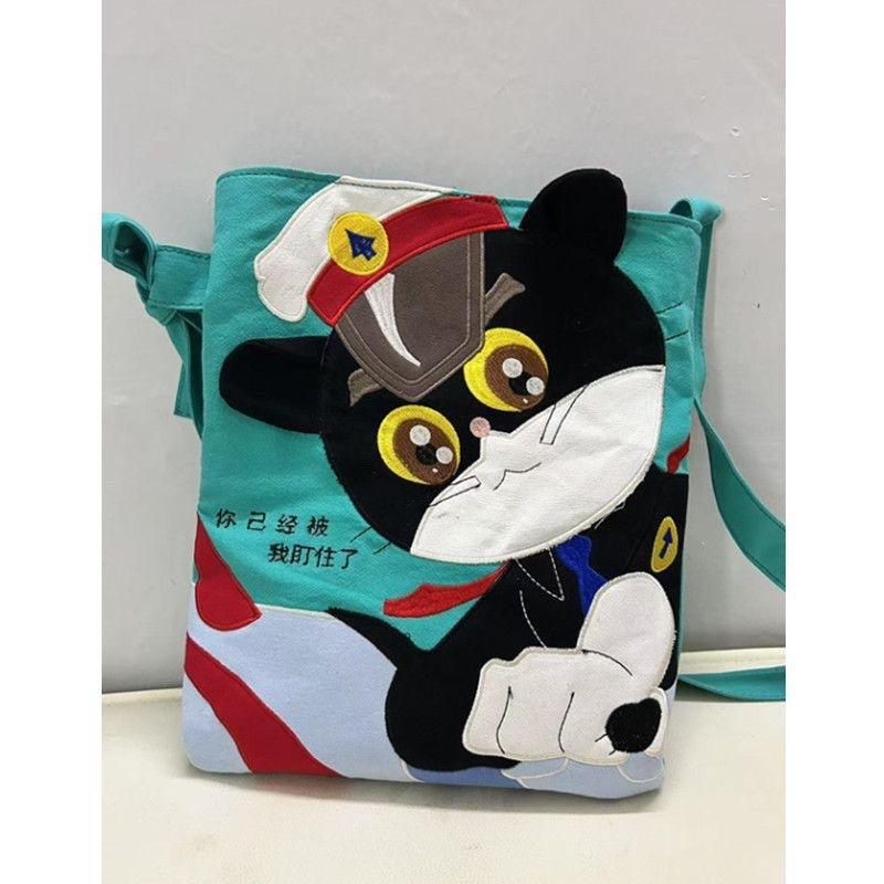 

2025 new niche design new black cat sheriff patchwork bag female student commuter bag single shoulder crossbody canvas