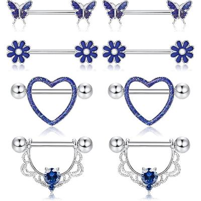 Ubjuliwa 4 Yes 14G Women's Nipple Ring 316L Stainless Steel Heart Shape CZ Flower Butterfly Barbell Pliers Suit Cute Nipple Body Piercing Jewelry,