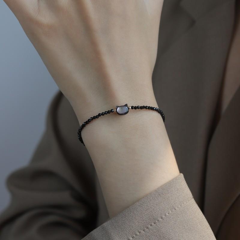 Adjustable 14K Gold Plated Cat Bracelet With Natural Crystal Black Spinel Beads Handmade Animal Charm Jewelry Women