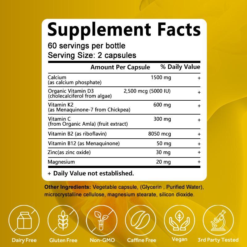Bcuelov pflanzliche Vitamin D3+K2 Kapseln 2500mg mit Kalzium und mehreren Vitaminen zur Stärkung des Immunsystems 120 Kapseln