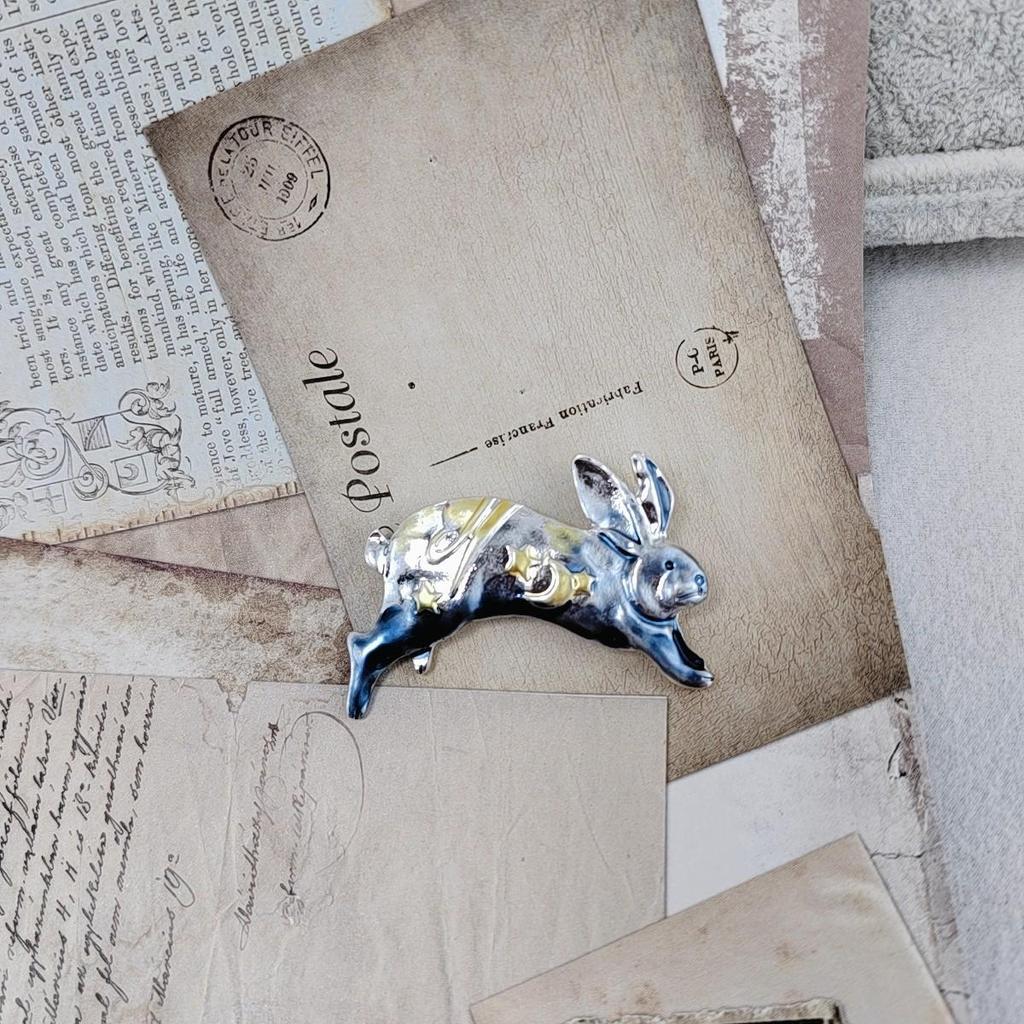 Minimalist Retro Brooch: Spring/Autumn Star & Moon Rabbit Design