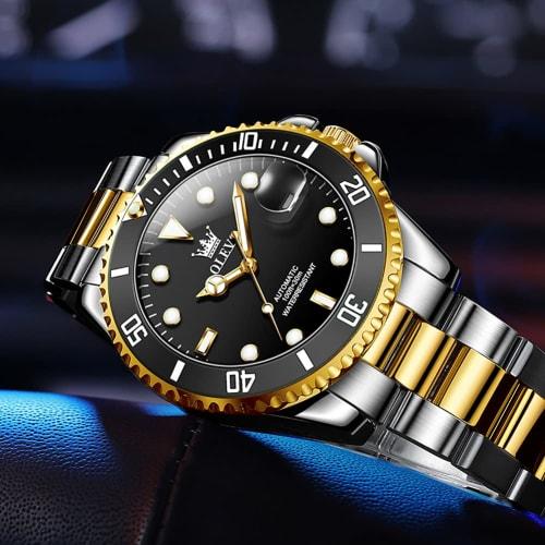 OLEVS Men's Mechanical Watch Automatic Manual Winding Arm Clock Waterproof Luminous Date Stainless Steel Present Watch for man Black