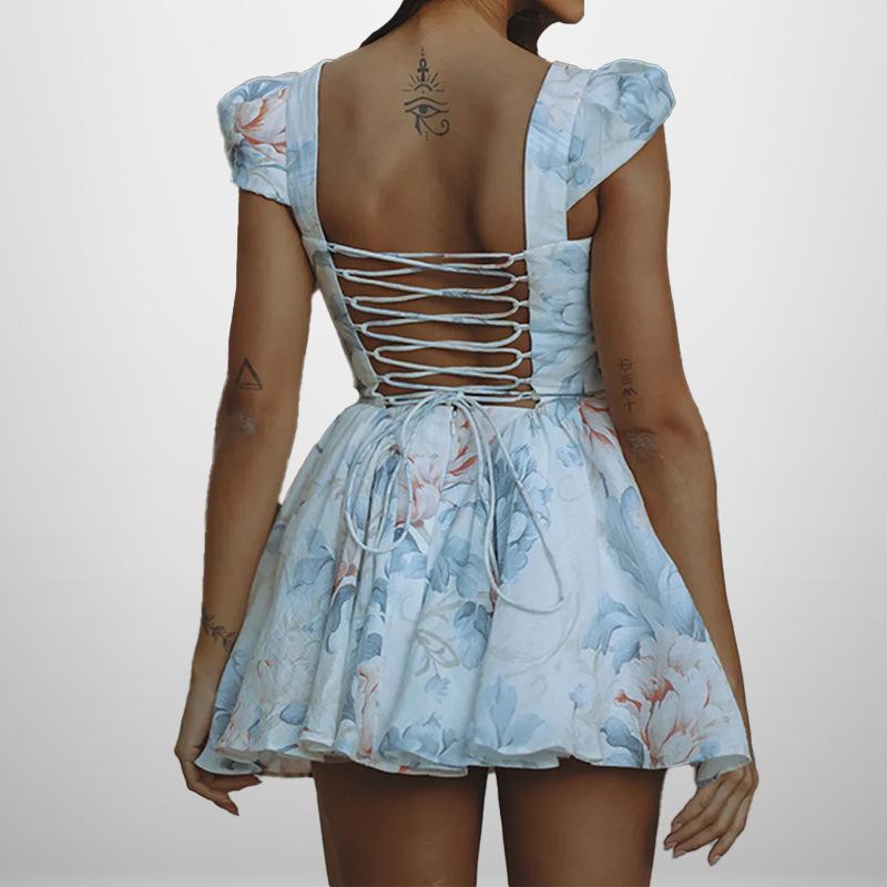 Women's New Arrival Temperament, Elegant and Fashionable Printed Square Collar Short High-waisted Dress