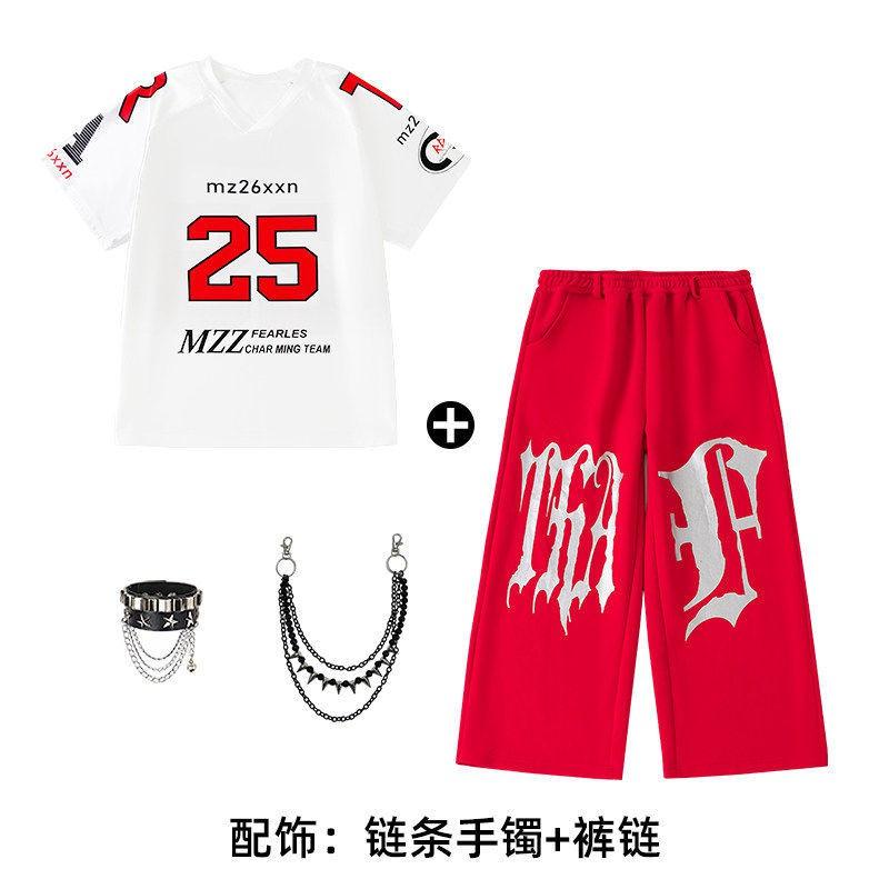 Kids Hip Hop Dance Outfit Set - White Short Sleeve Top Red Pants Boys Girls Stage Performance