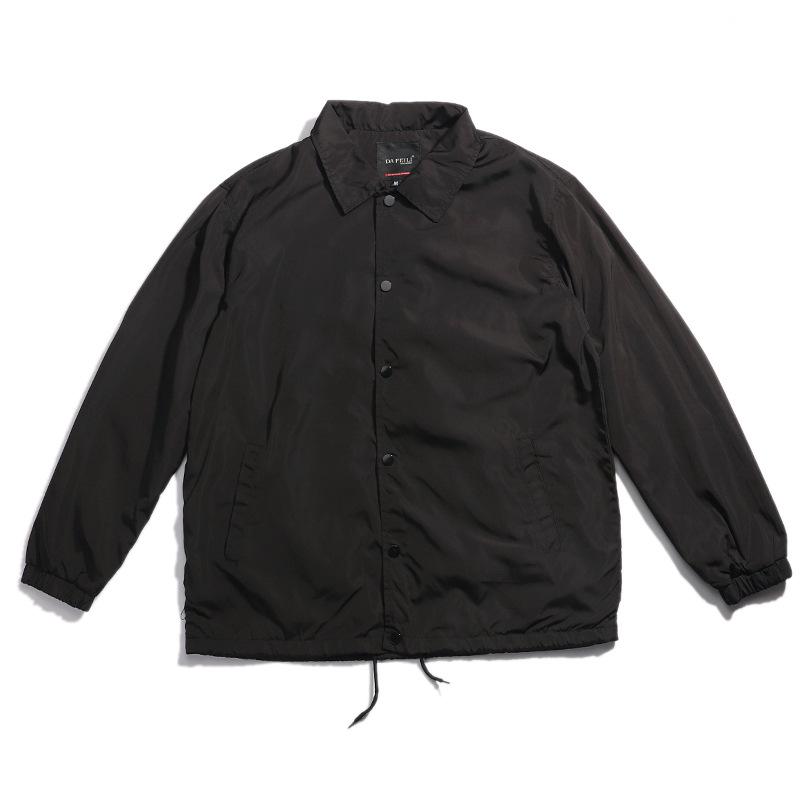 Retro černá bunda trenérského střihu s ohrnovacím límcem, unisex nadměrná velikost, jarní/podzimní styl