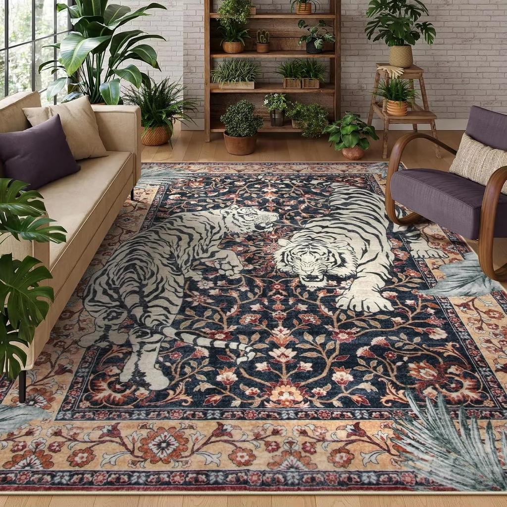 Moynesa Tiger Bohemian Rug for Living Room Retro Tiger Print Carpet Washable Carpets Dining Room Indoor Doormat Kitchen Area Rug
