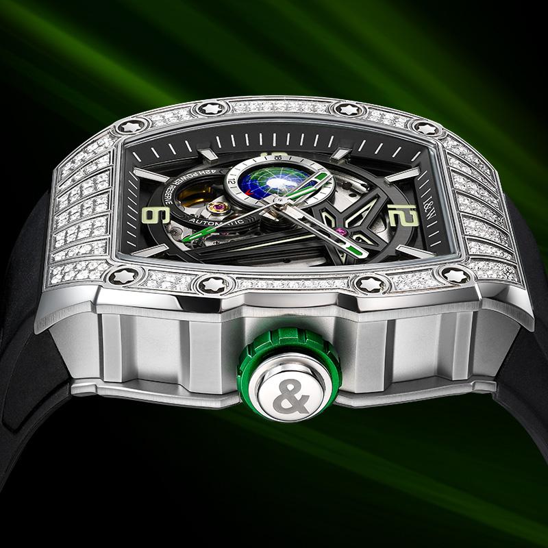 New I&W Carnival Automatic Mens Watch Skeleton Dial Power Reserve Indicator Diamond Bezel Black Silicone Mechanical Watch