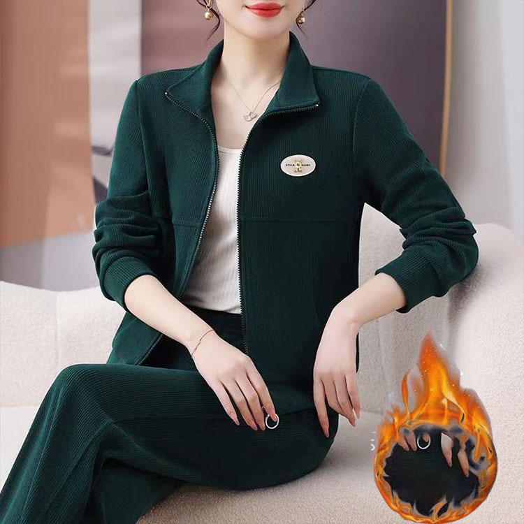 Lässige Dicke 2-teilige Sets Damen Reißverschluss Langarm Sweatshirt Tops Conjuntos Winter Warm Samtgefüttert Gerade Hosen Trainingsanzug