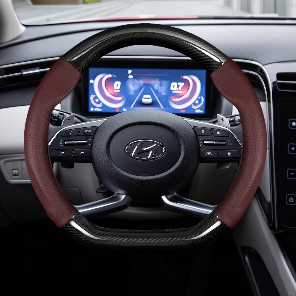 For Hyundai I30 I20 I10 Tucson Elantra Avante Kona Ix35 Ix25 Grand Elantra Solaris Carbon Fiber Leather Car Steering Wheel Cover