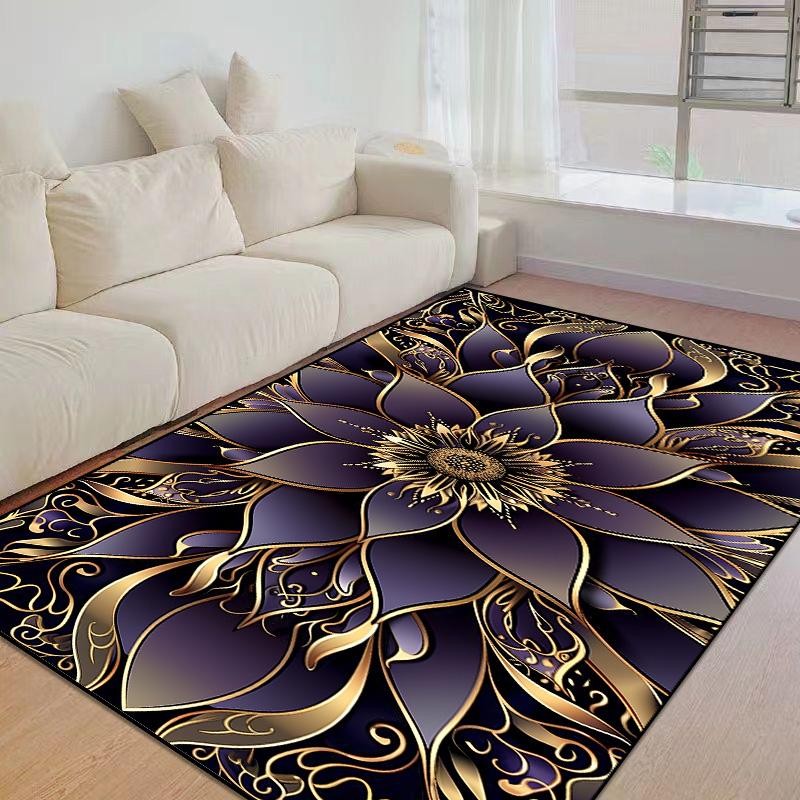 European Home Luxury Golden Flowers Living Room Decor Sofa Carpet Washable Rugs for Bedroom Black Gold Lounge Coffee Tables Mat
