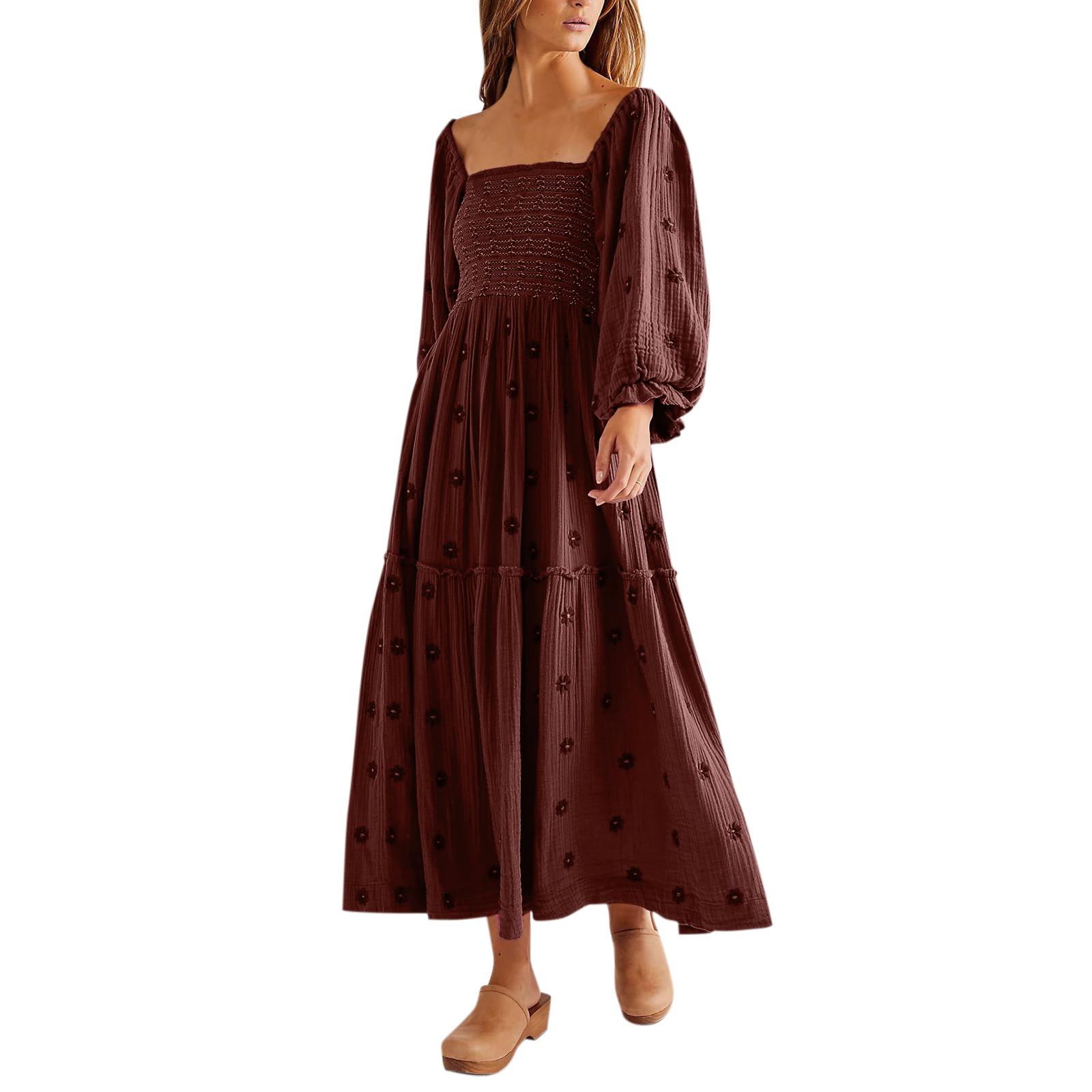 Осеннее женское повседневное платье с квадратным воротником и роговыми рукавами — фото 3