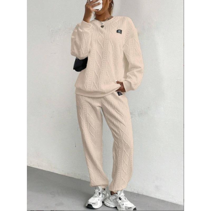 Damtröja med flätstickning, rund halsringning, långa ärmar & Joggingbyxor med resår i bensluten 2-delat Träningsset Casual Loungewear Set