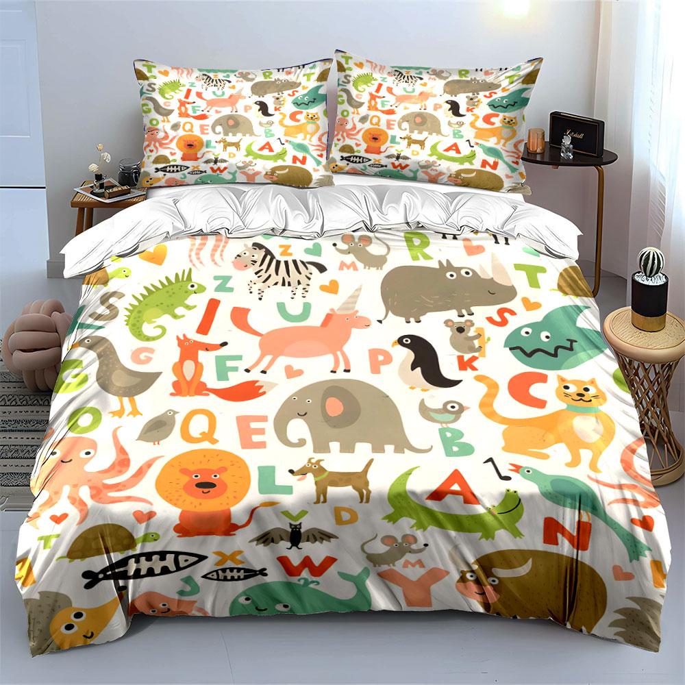 Alphabet animals cartoon pattern Print Bedding Set 1 Duvet Cover 2 Pillowcases for Adult and Children Luxury Gift Full Size