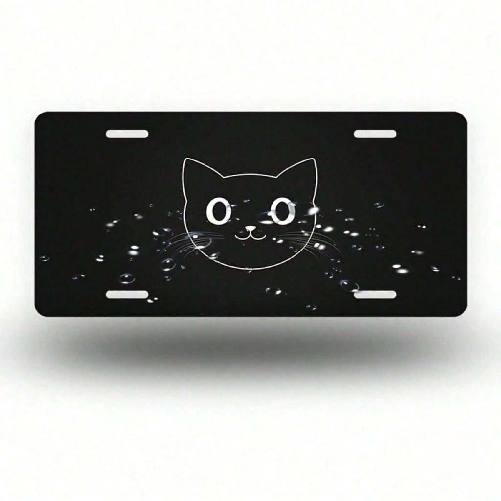 2D Flat White Cat Face License Plate Frame, Polished Aluminum Front Car Tag Cover, Universal 5.9x11.8 Inch Playful Decorative Ex