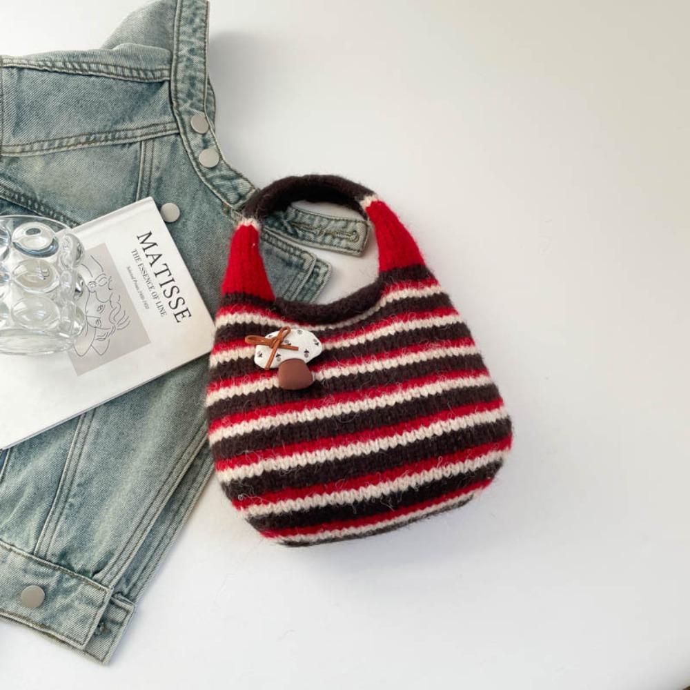 Color-Block Knitted Wrist Bag Japanese Style Wool Bucket Bag Little Mushroom Handbag  Shopping Bag