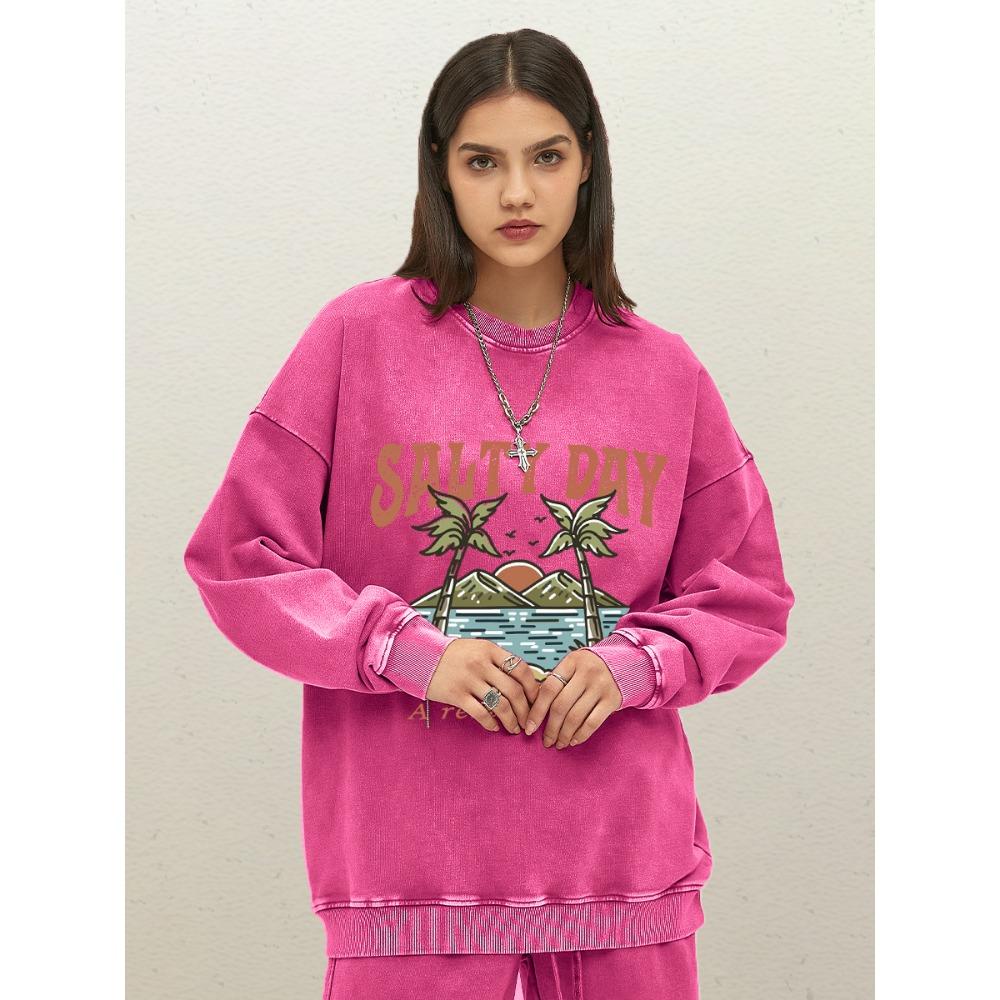 Salty Day A Relax Time Coconut Tree Beach Design Woman Washed Sweatshirt Cotton Crewneck Pullovers Autumn Oversize