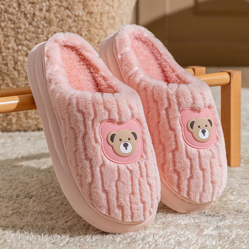 Bear Pattern Lightweight Cotton Slippers Autumn and Winter Plush Home Shoes Indoor Couple Warm Cotton Slippers