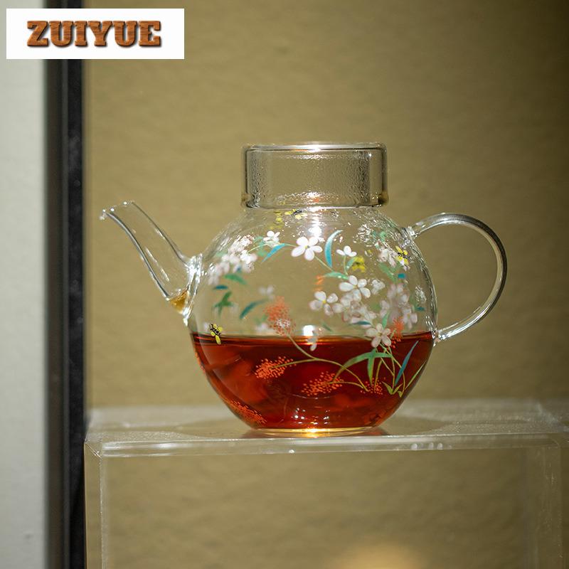 230ml Flowers Glass Teapot Traditional Tea Infuser Pot Household Tea Making Kettle With Strainer Tea Ceremony Accessories Craft