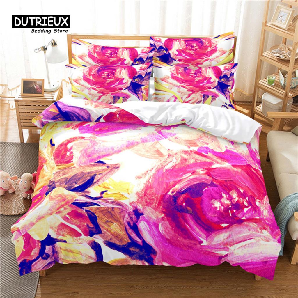 Beautiful Flower Bedding Set, 3Pc Flower Duvet Cover Set, Soft Comfortable Breathable Duvet Cover, For Bedroom Guest Room Decor