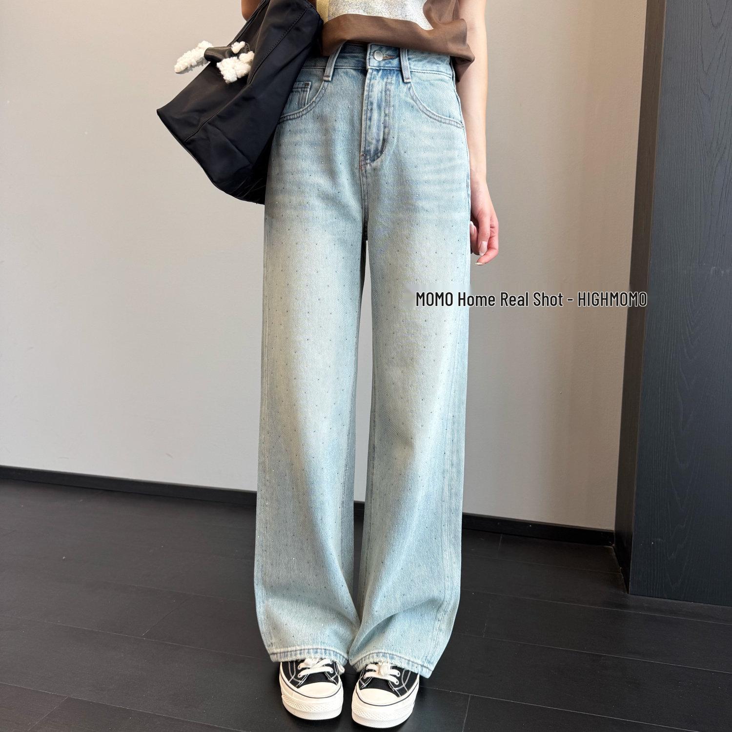 

Women s High-Waisted Slimming Jeans with Rhinestones – Blue Gray, All-Cotton, Narrow-Leg, Spring/Summer 2026 L