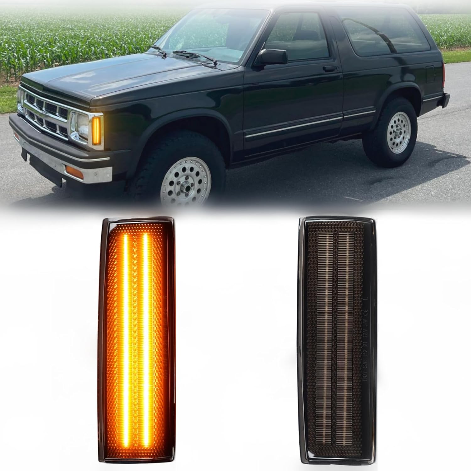 

LED Side Marker Lights Assembly for 1983-1994 Chevy Blazer S10 GMC Jimmy S15, 2PCS Front Bumper Indicator Fender Lamp with Smoked Lens