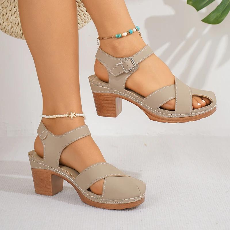 Closed Toe Thick High Heel Sandals Women Summer Ankle Buckle Beach Sandles Woman Plus Size Anti-Slip Platform Sandalias De Mujer