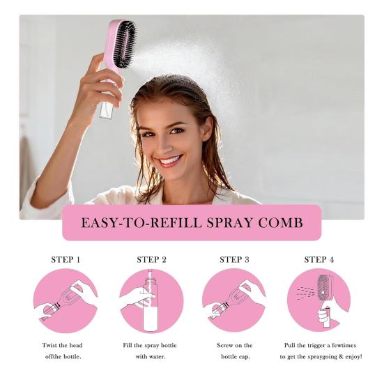Brosse à Cheveux Vaporisatrice 2-en-1 avec Pulvérisateur d'Eau Intégré pour Cheveux Bouclés Ondulés Lisses Démêlage Cheveux Humides Secs Pratique pour le Voyage Peigne Anti-Frisottis