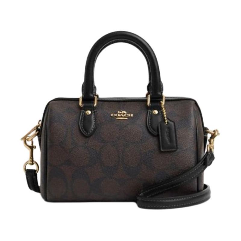 

COACH Rowan 18 front logo classic and elegant PVC shoulder crossbody bag handbag small size women s brown presbyopia and black чорний