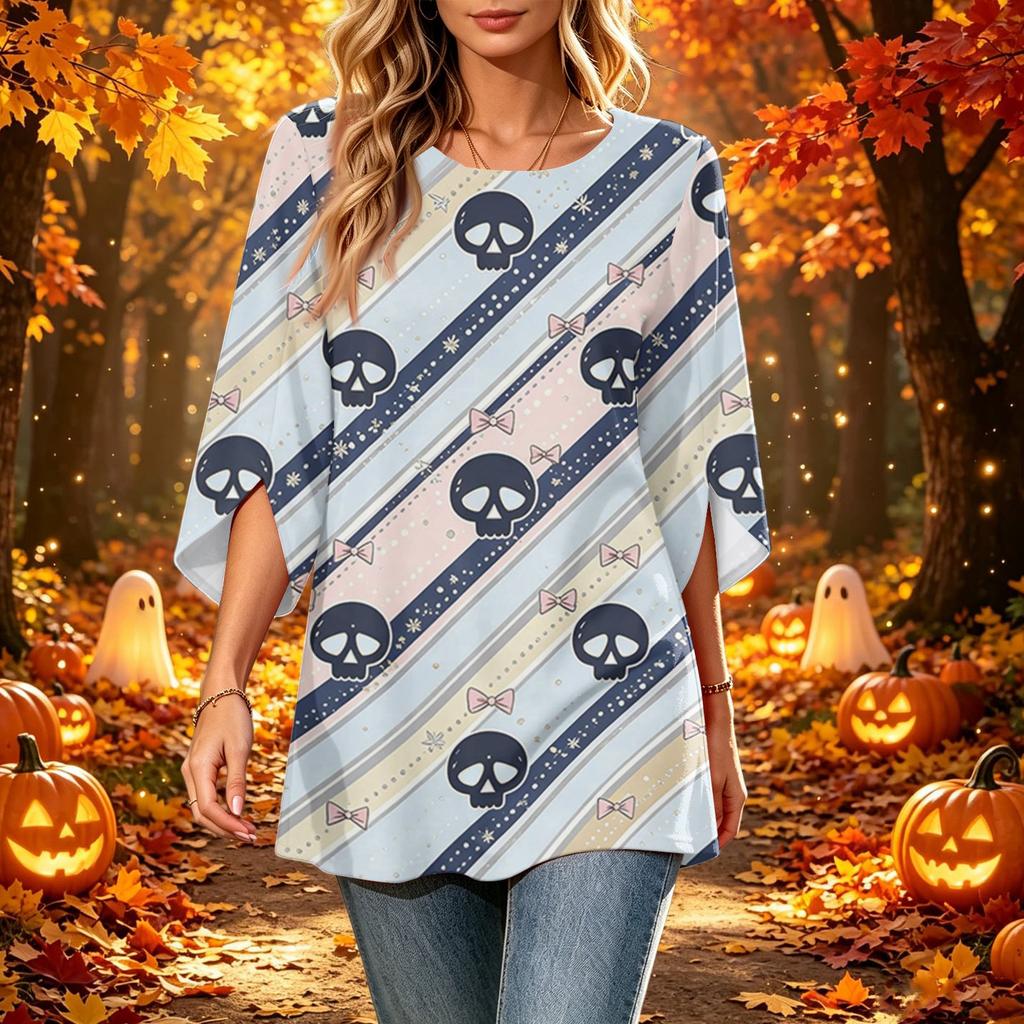 Women's Halloween Print Casual Top, Round Neck, Three-Quarter Sleeve, Loose Fit