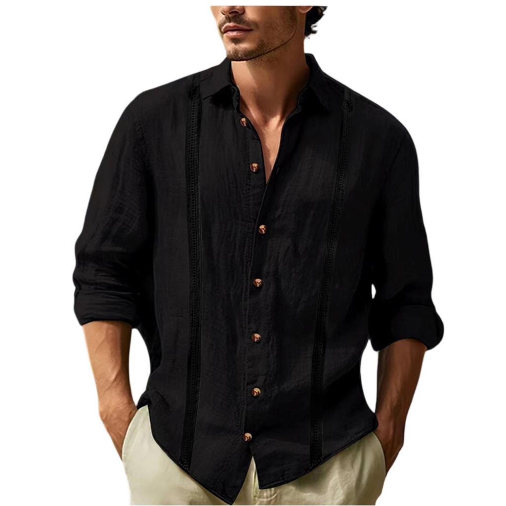 Men's Casual -color Cotton And Linen Blend Color-blocking Shirt, Men's Lapel Long-sleeved Top