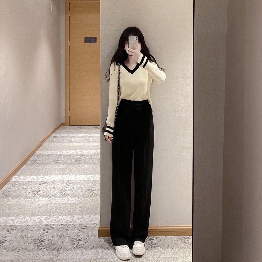 

2024 Women s Spring & Autumn Fashion Set: Trendy Wide-Leg Pants & Casual Top Two-Piece L