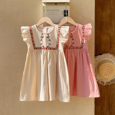 Girls Summer Strawberry Embroidered Dress Sweet Round Neck Flutter Sleeve Baby Dress Cute Casual Party Outfit For Kids
