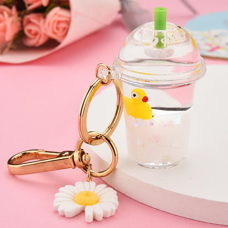 Creative Acrylic Milk Bottle Tortoise Penguin Keychain Simulation Cup Liquid Quicksand Key Chain Women Couple Bag Charm Keyring