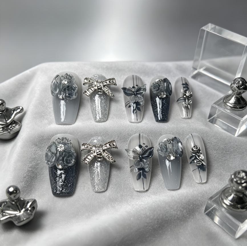 High-End 3D Black Crystal Butterfly Gradient Rose Press-On Nails