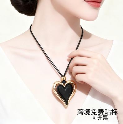 Fashion Black Rope Metal Love Pendant Necklace Alloy Pendant Women's Simple Versatile Item