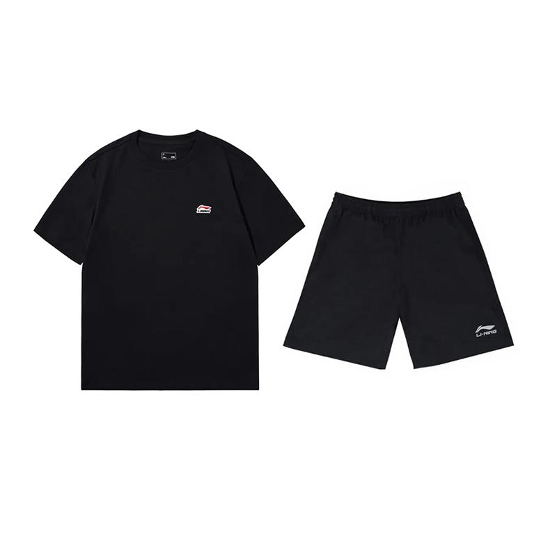 Li-Ning Minimalist Fashion Loose Round Neck Pullover Short Sleeve T-Shirt Comfortable Versatile Shorts Casual Sports Suit AHSU801-2+YKSV147-2