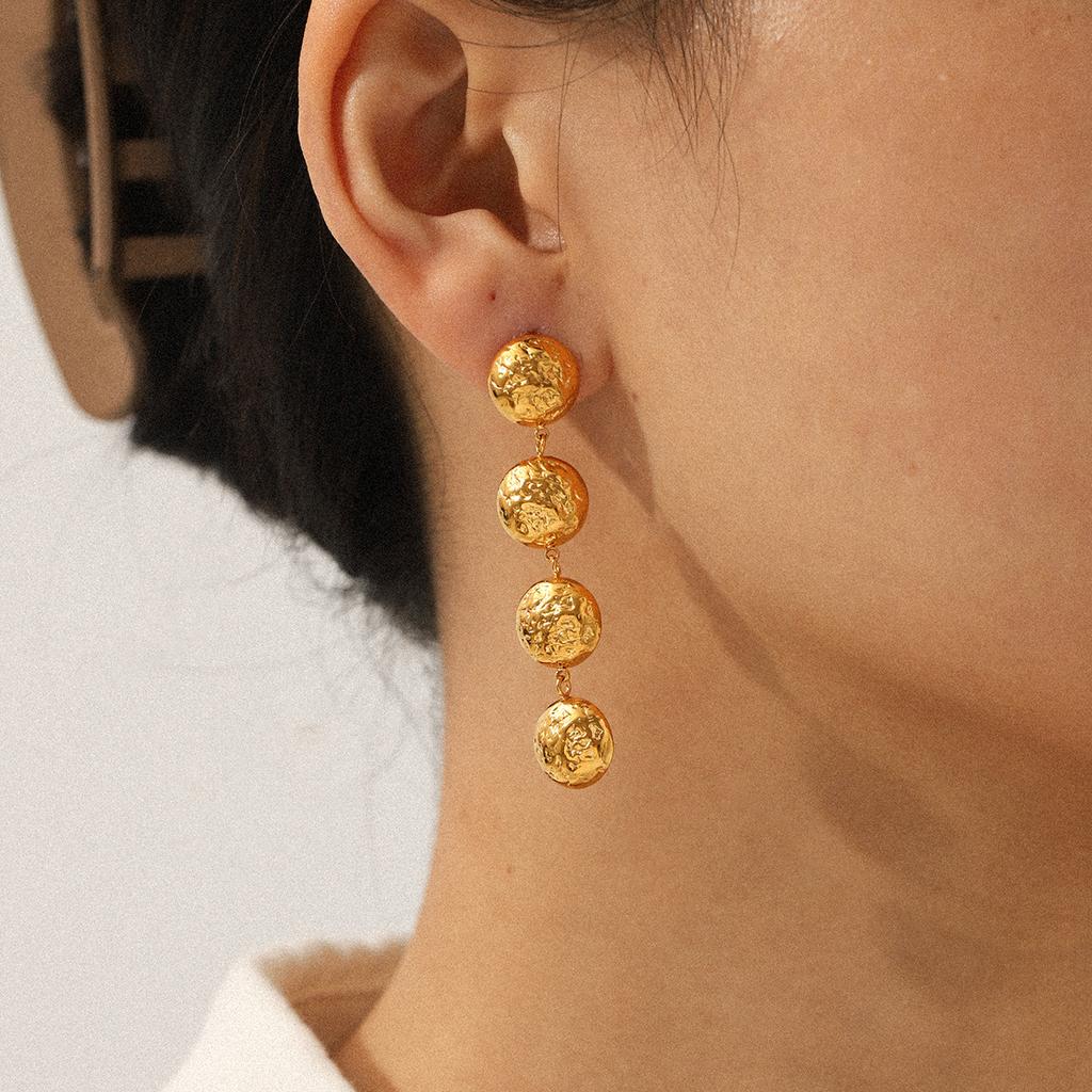 Round Hammered Stainless Steel Earrings with Tassel, Versatile 18k Gold Titanium Steel Jewelry for Women