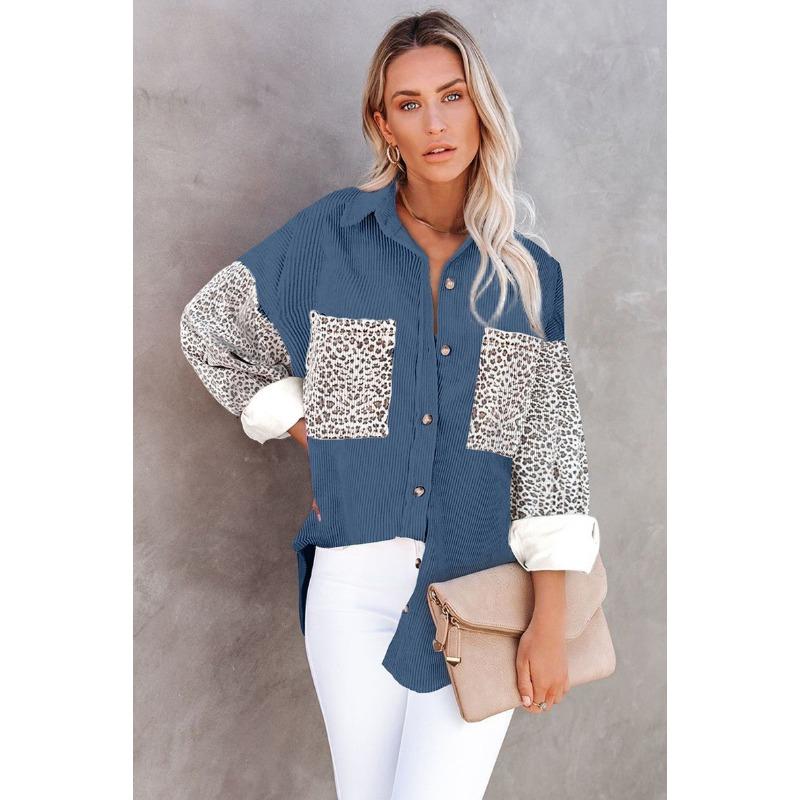 

New Autumn Winter Women s Leopard Print Shirt Casual Lapel Jacket XXXL темно-синий