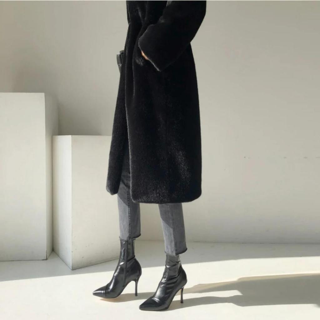 Winter Lang Schwarz Luxuriös Elegant Stilvoll Dick Warm Flauschig Zottelig Weich Faux Nerz Pelzmantel Damen Stehkragen Schärpen