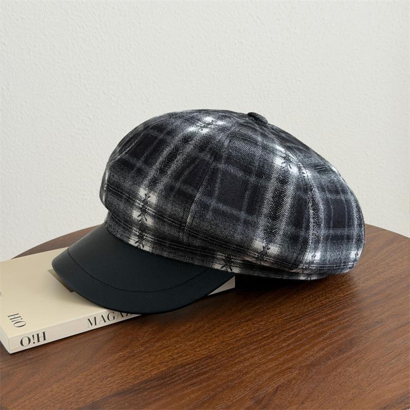 Women S Plaid Octagonal Hat Large Head Circumference Vintage Style Autumn Winter Cap
