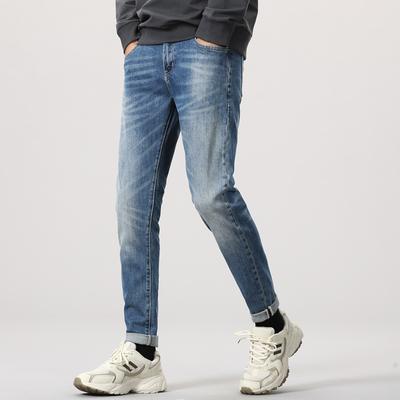 Spring New Small Feet Trend Mid Rise Jeans Men's Slim Fit Elastic Pants
