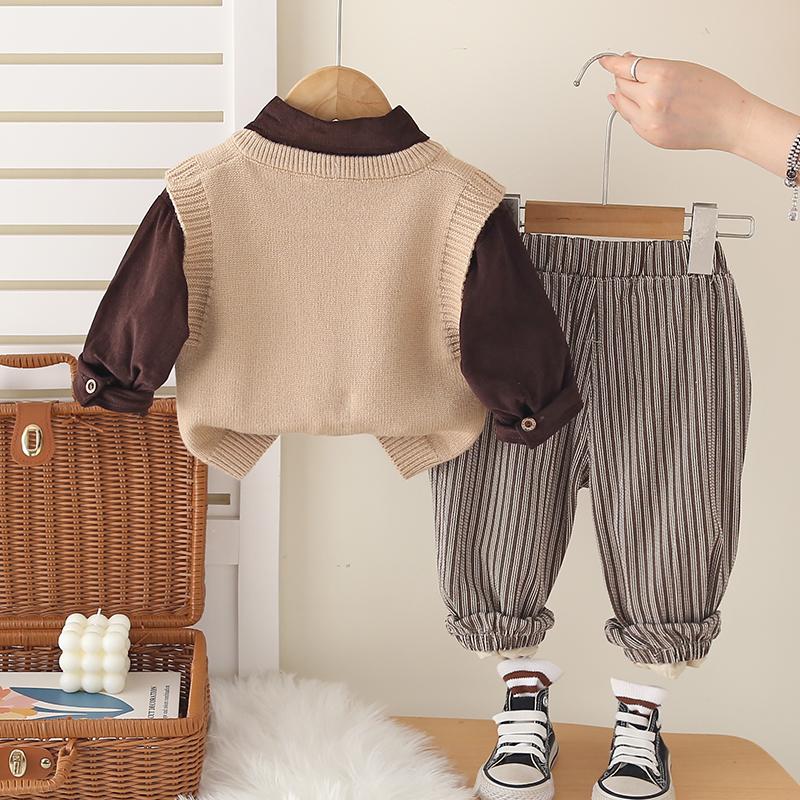 Boys' Spring and Autumn Set, Children's Double Breasted Knitted Vest, Casual Shirt, Striped Pants, 3-Piece Set