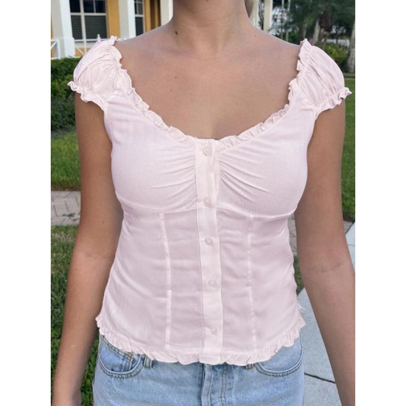 V-neck Button Sweet and Cute French Wooden Ear Puff Sleeve T-shirt Women