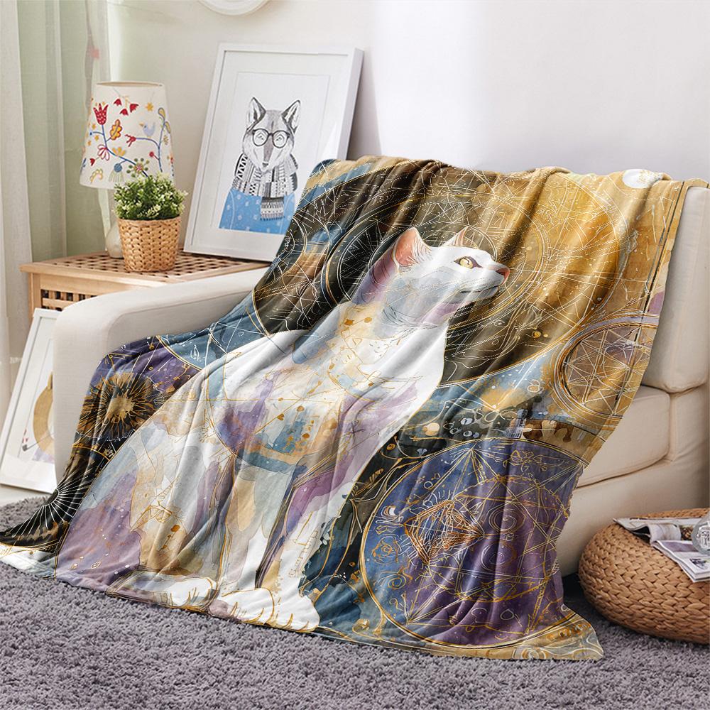 Artistic Cats Print Flannel Blanket, High quality Comfortable for All Seasons, Home Decor, Warmth and Comfort
