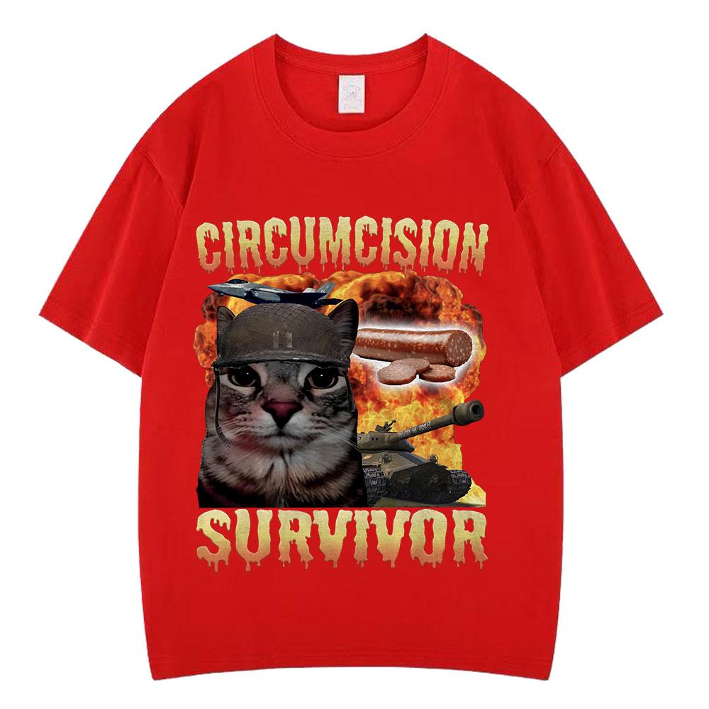 T-shirts Unisexe Vintage Amusants pour Chat Survivant de la Circoncision T-shirts Oversize Décontractés en Coton à Manches Courtes